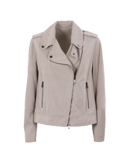 Shop BRUNELLO CUCINELLI  Giacchetto: Brunello Cucinelli giacchetto biker in camoscio con monile.
Chiusura con zip e doppio cursore.
Fodera in crêpe misto seta.
Collo stile Chiodo.
Tasche basse con zip.
Decorazione in monile Nickel-free.
Composizione: 100% pelle.
Made in Italy.. M0PCL2873-C8809